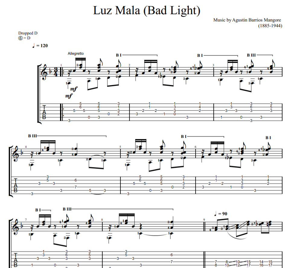 Luz Mala - Bad Light sheet music for guitar tab